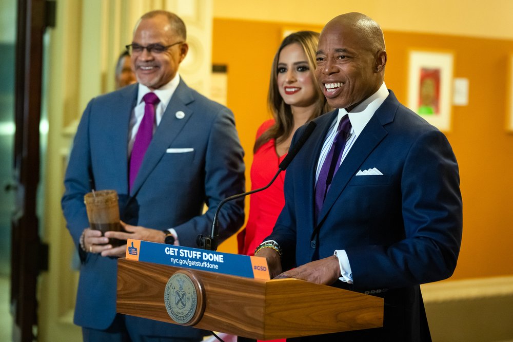 Mayor Adams (right) with schools Chancellor David Banks (left) and Assemblywoman Jenifer Rajkumar in October announced plans to make Diwali a school holiday.