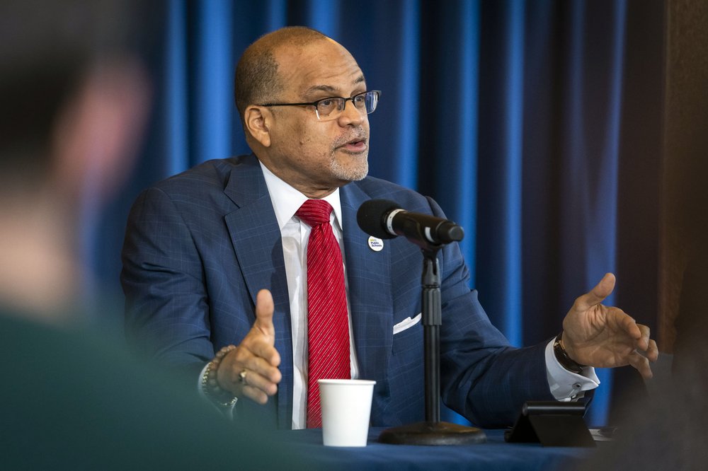 Schools Chancellor David Banks speaks at a press conference.