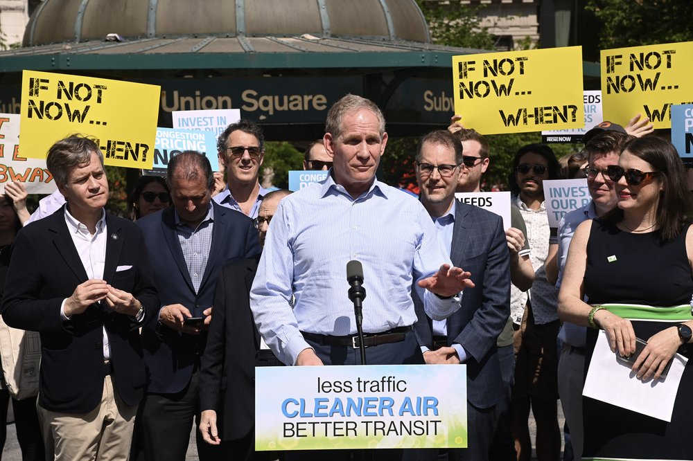 MTA Chairman Janno Lieber speaks at a rally.