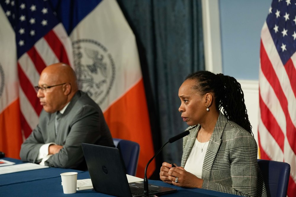 Deputy Mayor Anne Williams-Isom speaks at a May 24, 2023, press briefing on the migrant crisis, at City Hall.