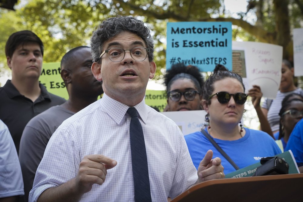 New York City Councilmember Lincoln Restler speaks at a press conference outside City Hall on Sept. 12, 2023.