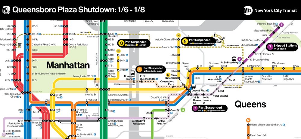 Queensboro Plaza, a highly trafficked station in Long Island City, will have not have weekend subway service for all of January.