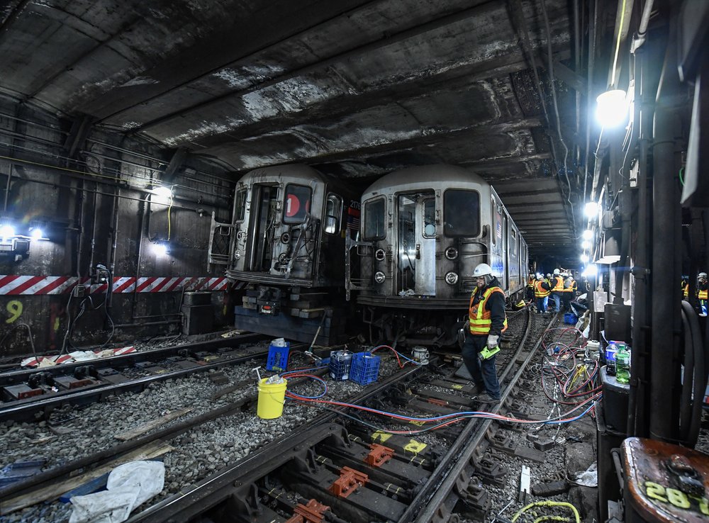 Two trains that collided and derailed on the Upper West Side.