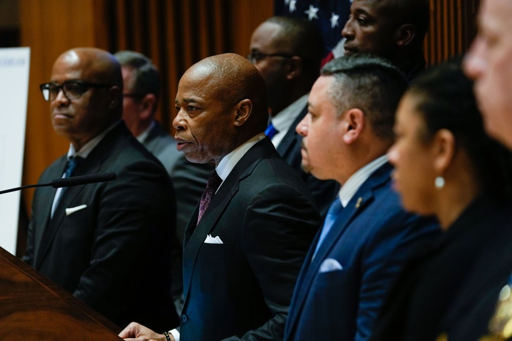 Mayor Eric Adams joins NYPD officials on Monday to announce arrests related to a moped robbery ring.