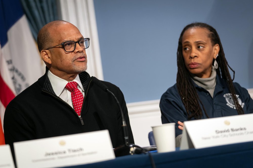 Schools Chancellor David Banks speaks at a press conference.