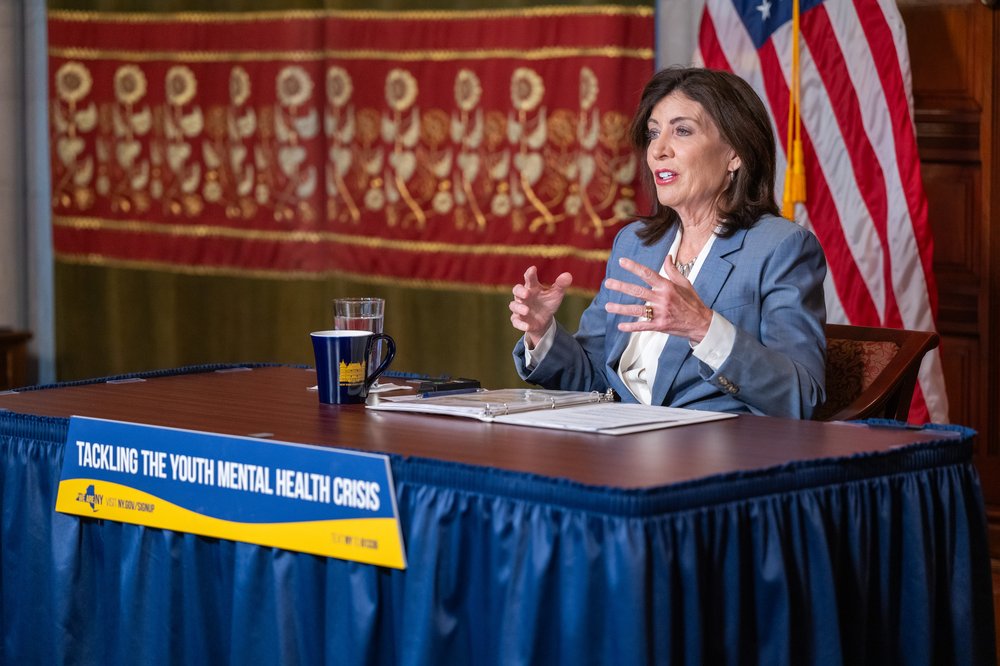 Gov. Kathy Hochul speaks at a roundtable.