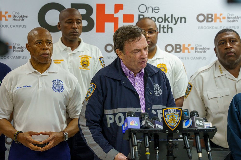 NYPD Commissioner Tom Donlon speaks at Brookdale University Hospital Medical Center after Sunday's subway station police shooting in Brooklyn.