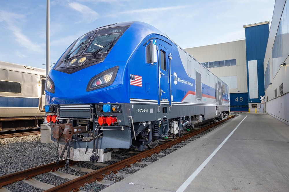 A blue and silver train.