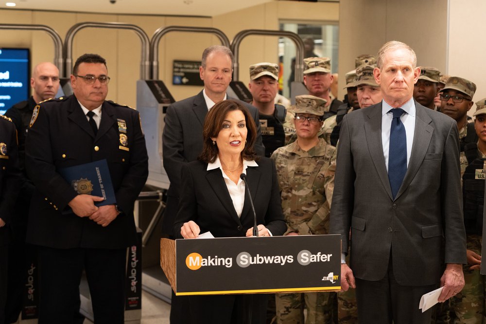 Gov. Kathy Hochul speaks at a podium