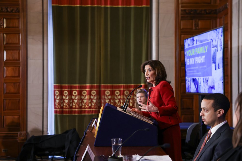 Gov. Kathy Hochul speaks at a podium