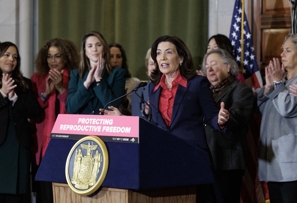 Gov. Kathy Hochul speaks at a podium