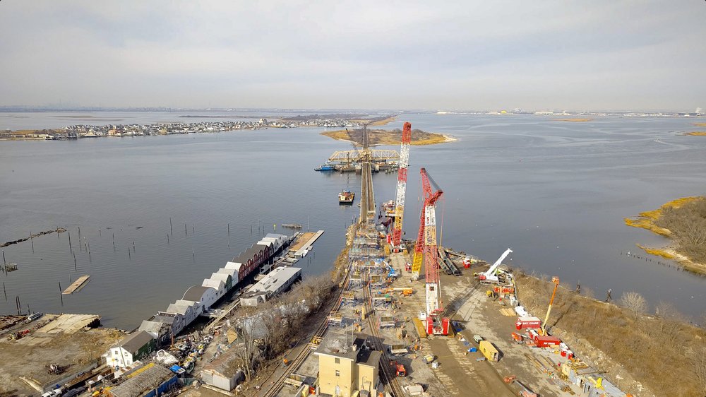 An overhead shot of repairs to a bridge in Jamaica Bay.