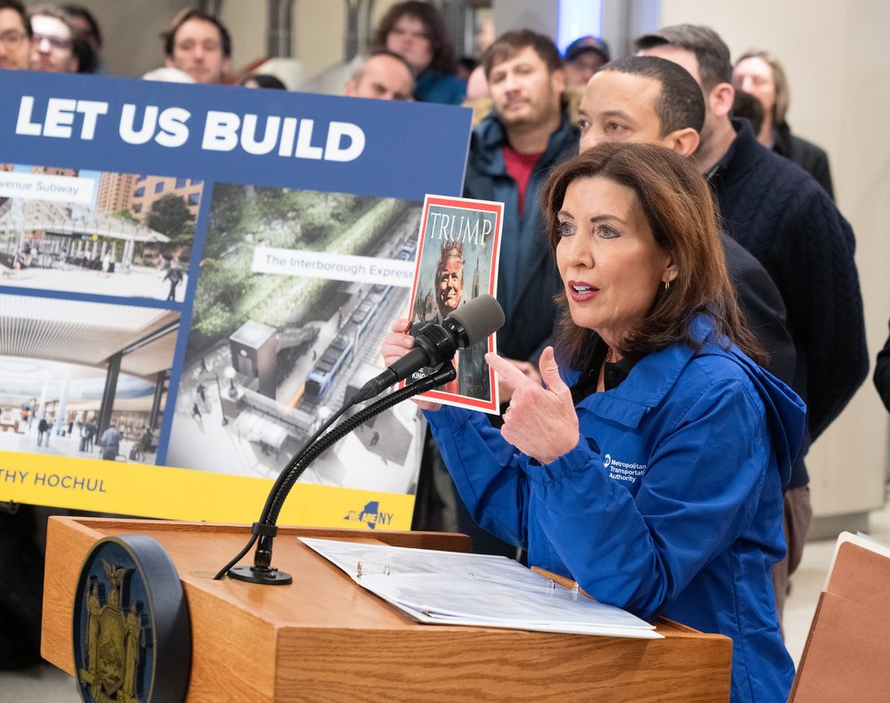 A photo of Gov. Kathy Hochul inveighing against Trump over congestion pricing