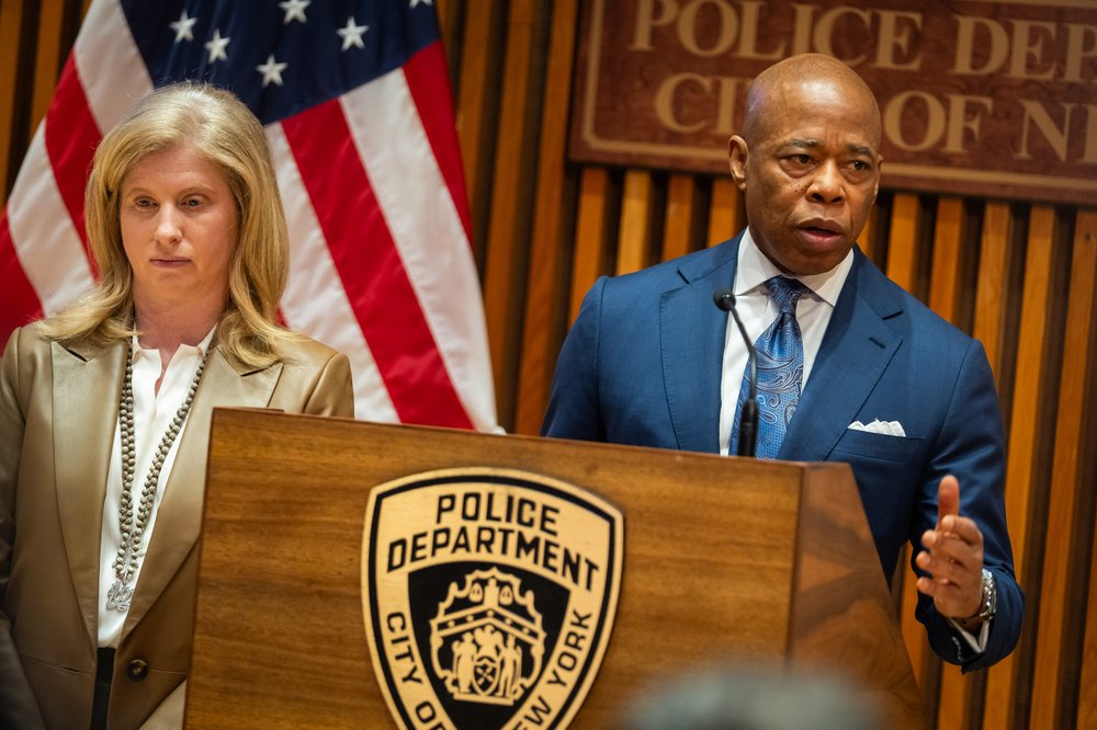 Mayor Eric Adams and Police Commissioner Jessica Tisch brief the media.