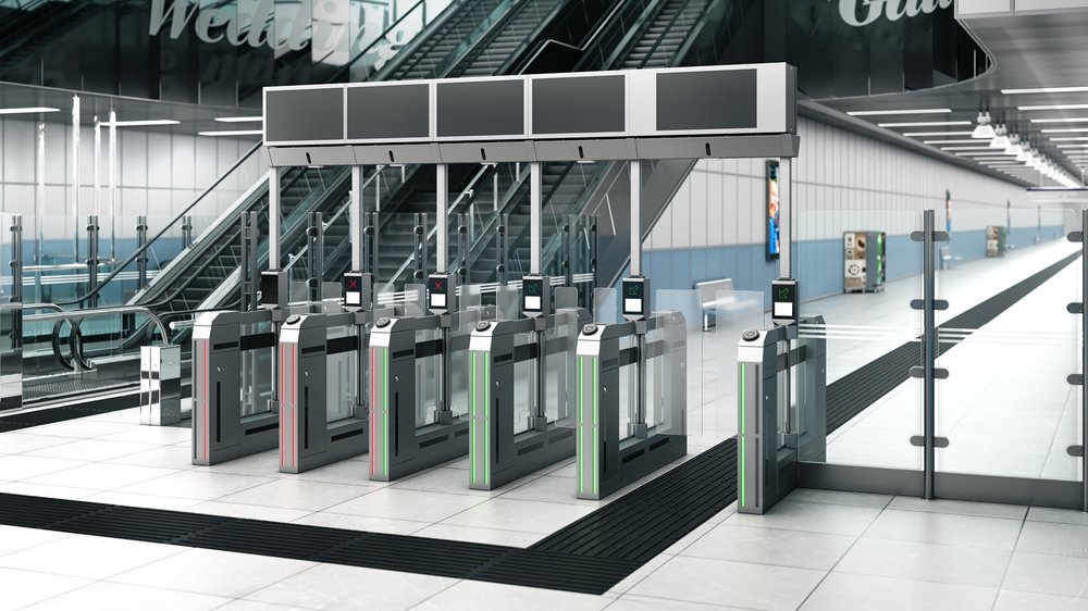 A rendering of a new fare gate for New York City's subways has glass doors instead of turnstiles.
