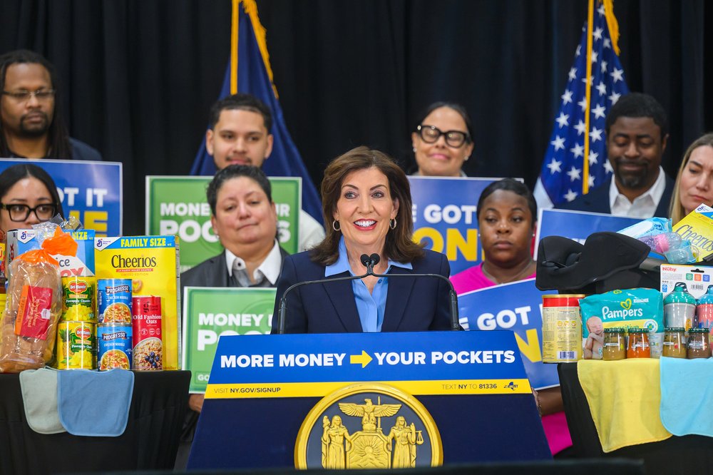 New York Gov. Kathy Hochul at a podium