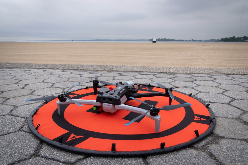 A drone in front of Orchard Beach.