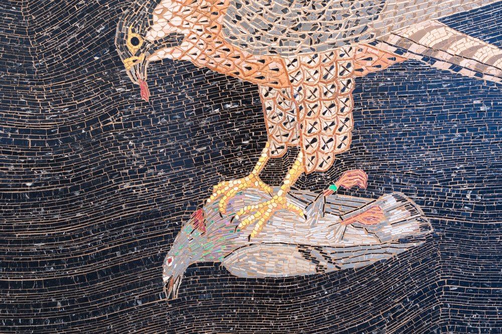 59c856aeb2017-10-02-duke-riley-26_small-1-jpg.jpeg Detail of Riley's "The Nature of Abhorrence vs the Abhorrence of Nature," made from colored tile composite mosaic on wood panel (courtesy of Magnan Metz)