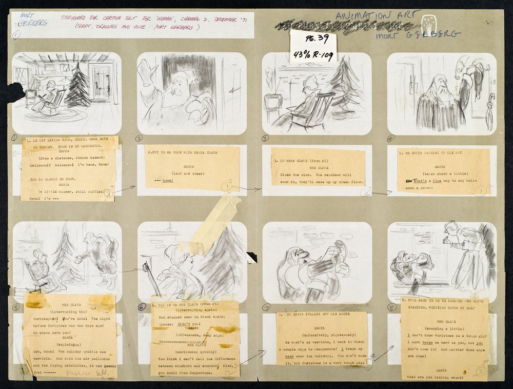 5af839557santastoryboard-jpg.jpeg Mort Gerberg, Story board for cartoon skit for Mrs. Claus Wants Credit for Woman, Channel 2, December 1971<br/>