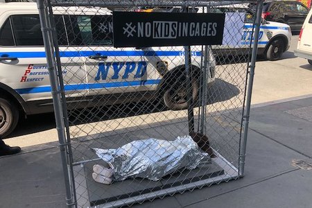 One of the cages installed in Manhattan, located at Broadway and Houston Street.