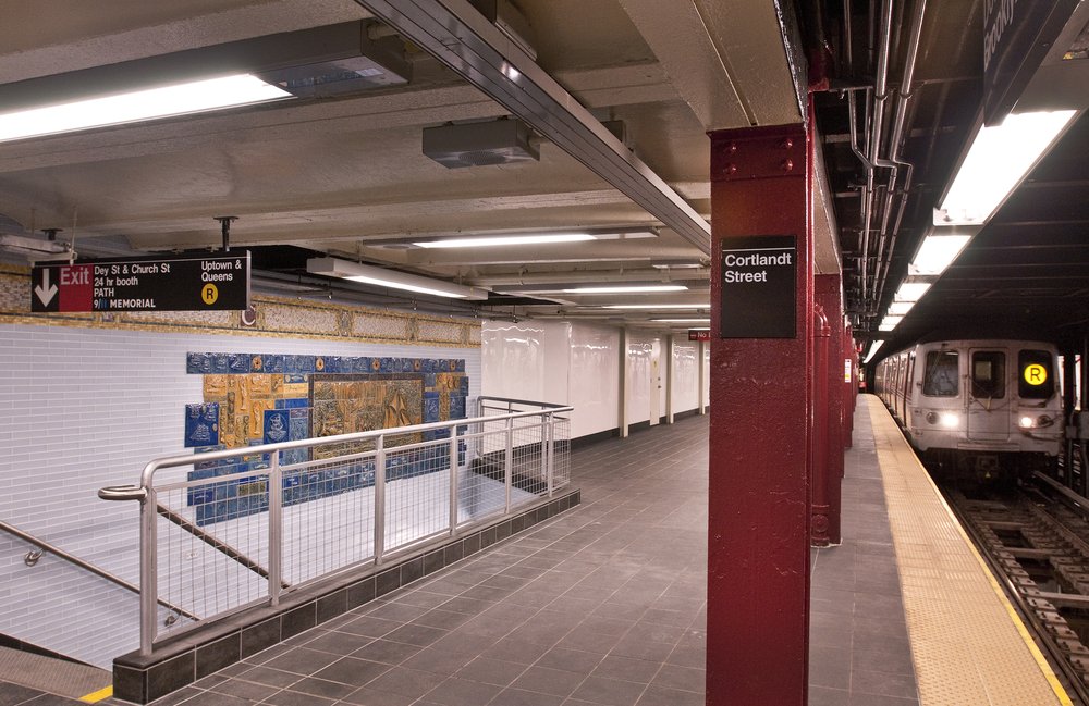 A train pulls into the Cortlandt Street station in Lower Manhattan.