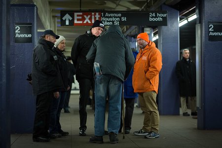 Mayor Bill de Blasio joins New York City HRA Commissioner Steven Banks, NYCEM Commissioner Joseph J. Esposito and outreach workers on Sunday, February 14, 2016 at the 2nd Avenue & Houston Street subway station where they participated in homeless outreach