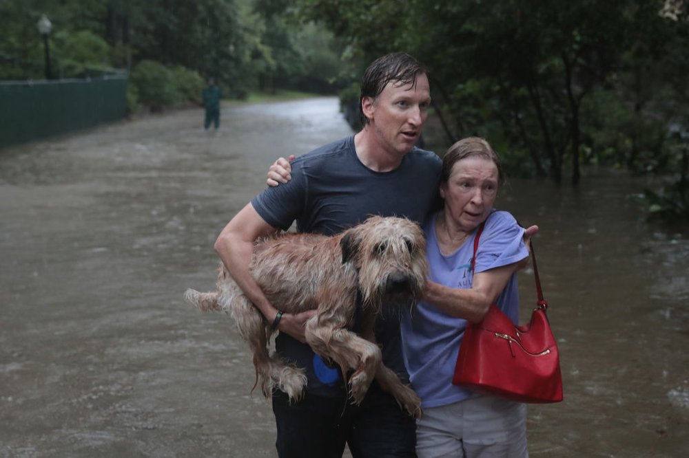 6478cd7cagettyimages-839917932-jpg.jpeg Andrew White (L) helps a neighbor down a street after rescuing her from her home in his boat in the upscale River Oaks neighborhood after it was inundated with flooding from Hurricane Harvey on August 27, 2017 in Houston, Texas.<br>(Getty Images)