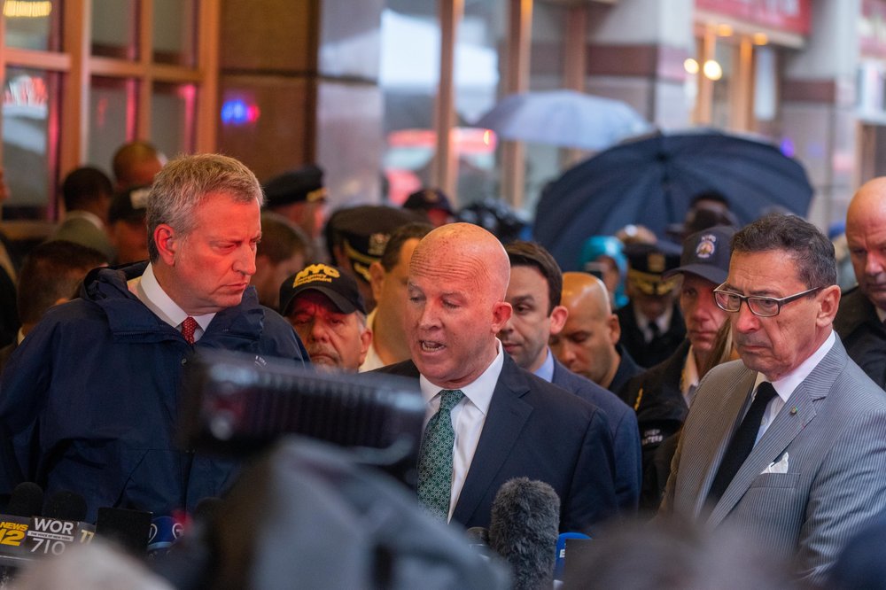 Police Commissioner James O'Neill speaks to the press about 787 7th Avenue