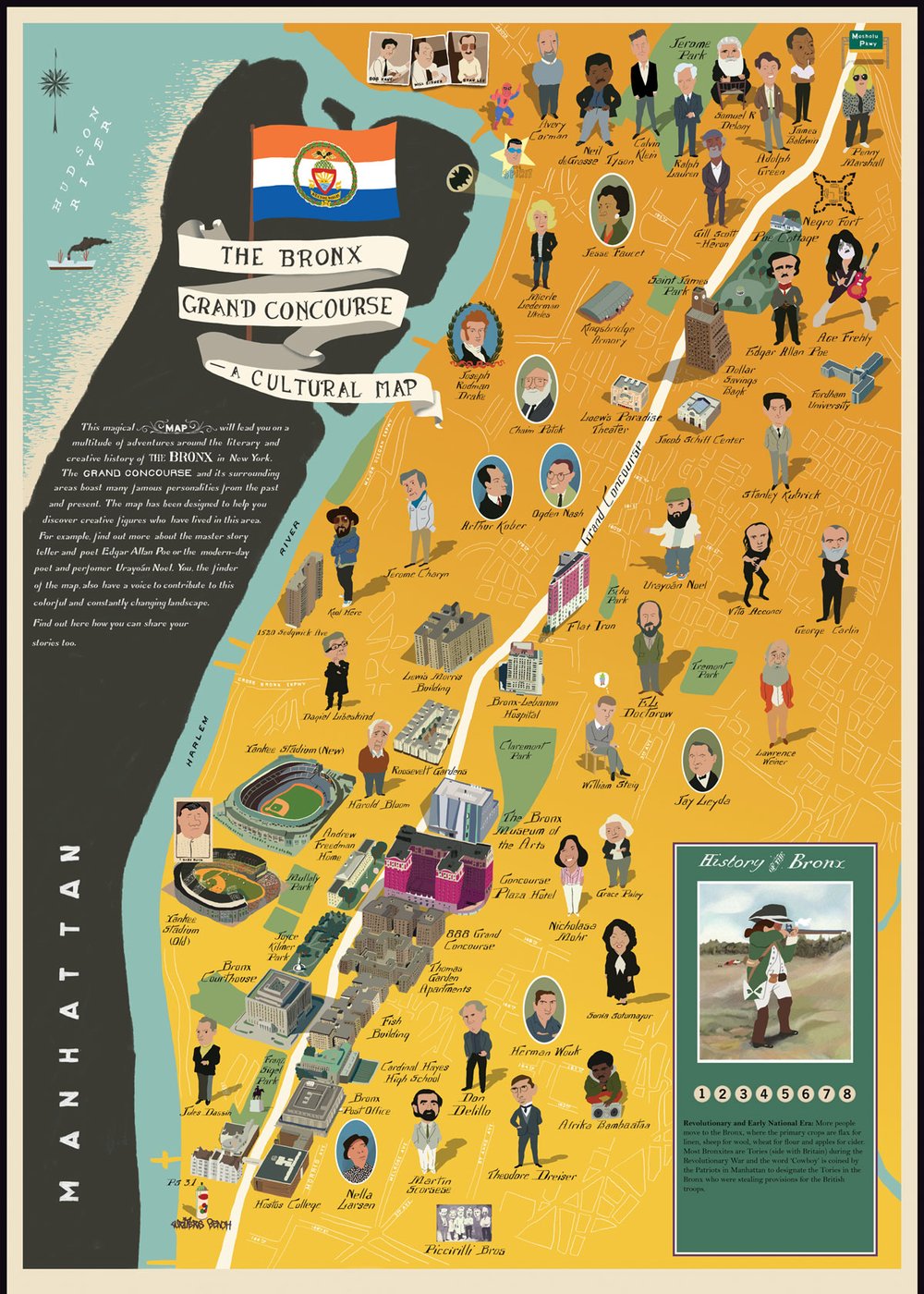 6910c9aa6bronxmap-adj-jpg.jpeg The Bronx Grand Concourse, A Cultural Map (Design by Kevin Waldron, research by Terry Wasserman, additional research and produced by Tamzin Barford)