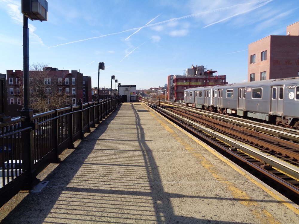 The outdoor platform at the 69th Street station on the 7 train line in Woodside, Queens