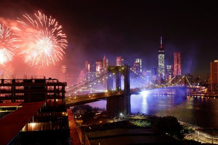 The Macy's fireworks display on July 4th, 2014, seen from Brooklyn.