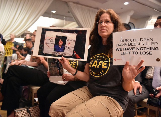 Amy Cohen, a founding member of Families for Safe Streets, at a rally in 2018.