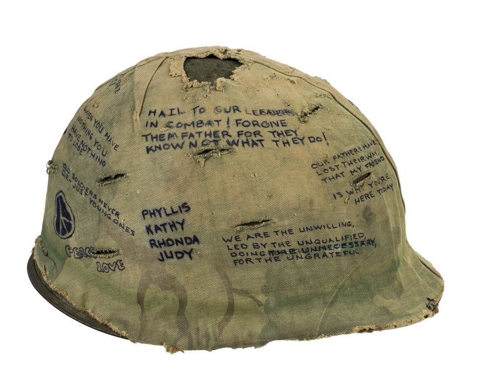 7219d31f69-hamburger-hill-helmet-1969-jpg.jpeg Helmet cover from Hamburger Hill. Courtesy of Salvador L. Gonzalez, 101st Airborne Division, 3rd Brigade, 1/506th Light Infantry, D Company, 1969<br/>