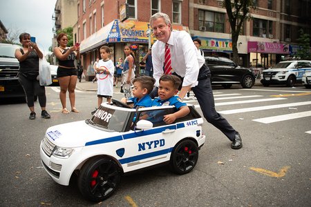 Mayor Bill de Blasio participates in National Night Out Against Crime last August
