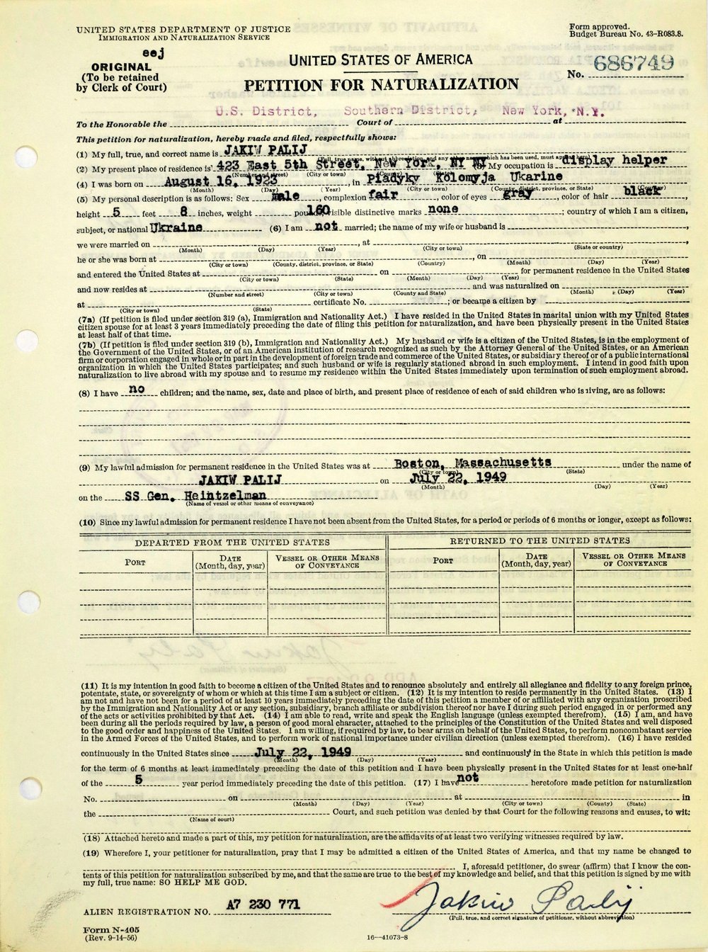 This document, photographed July 16, 2018 at the National Archives at New York City, shows the Petition for Naturalization of Jakiw Palij, a former Nazi concentration camp guard whose citizenship has been revoked. <br>(AP/Shutterstock)