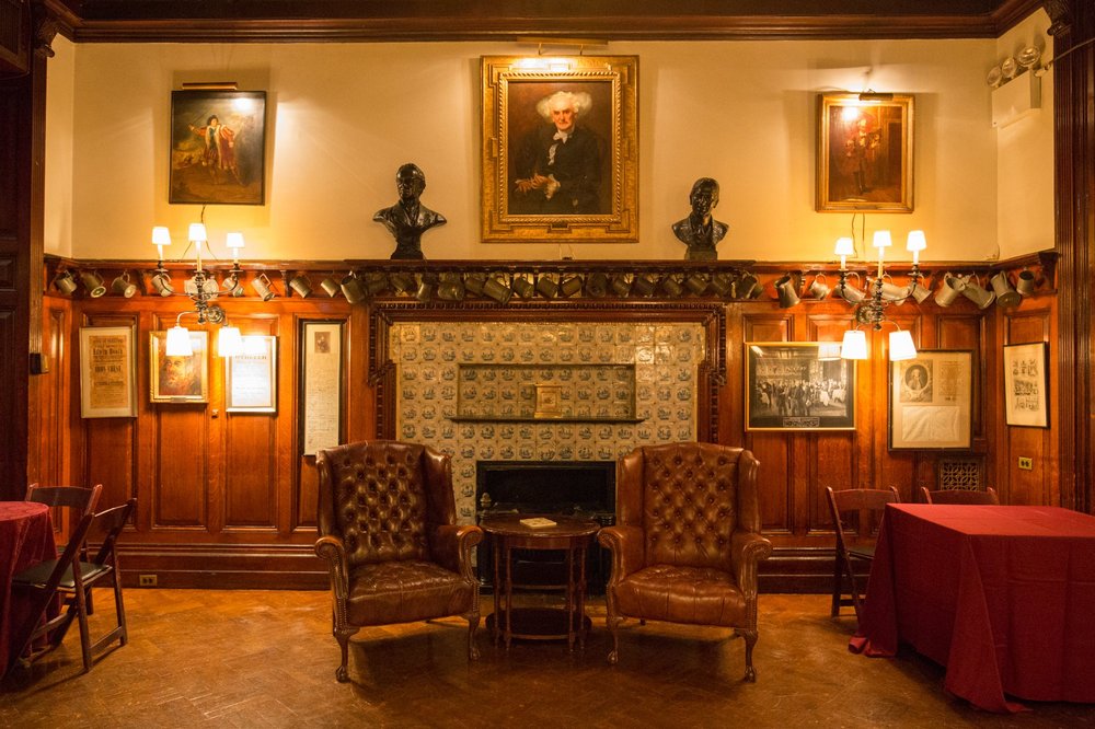 75e0edcdc.jpeg John Singer Sargent's portrait of Joseph Jefferson, the second president of Players Club, above the delft fireplace<br>