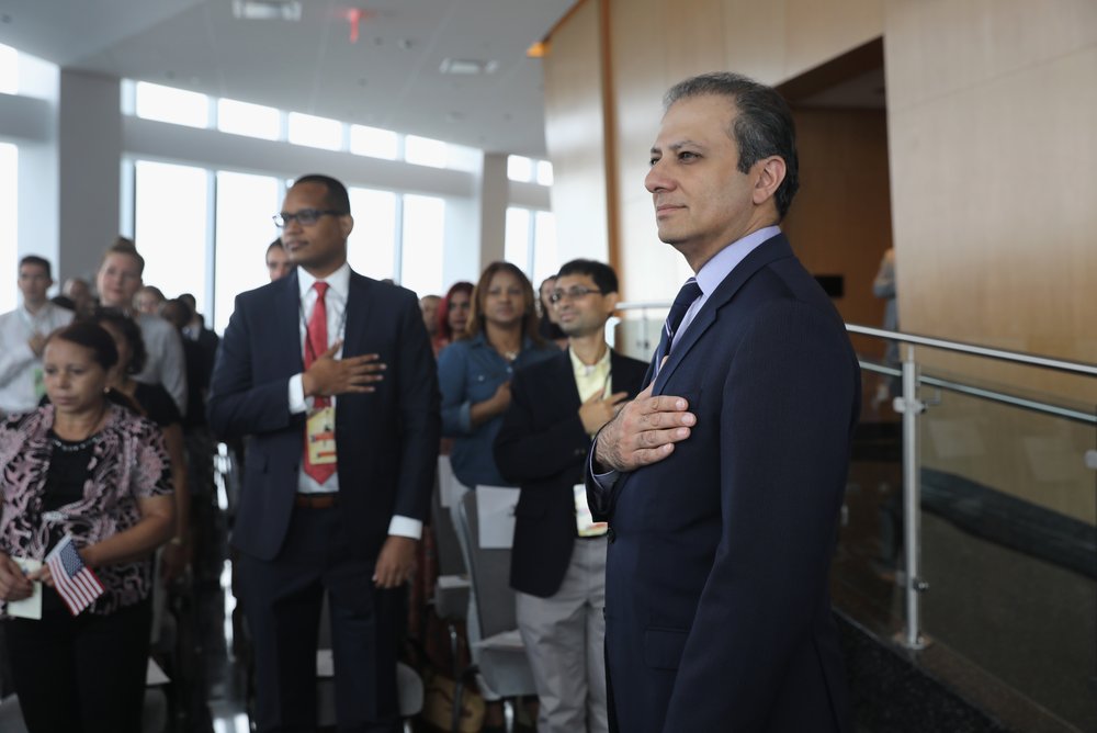 7e3552bb3gettyimages-831852002-jpg.jpeg Former U.S. Attorney Preet Bharara stands for the National Anthem at a naturalization ceremony in the observatory of One World Trade Center on August 15, 2017 in New York City<br>