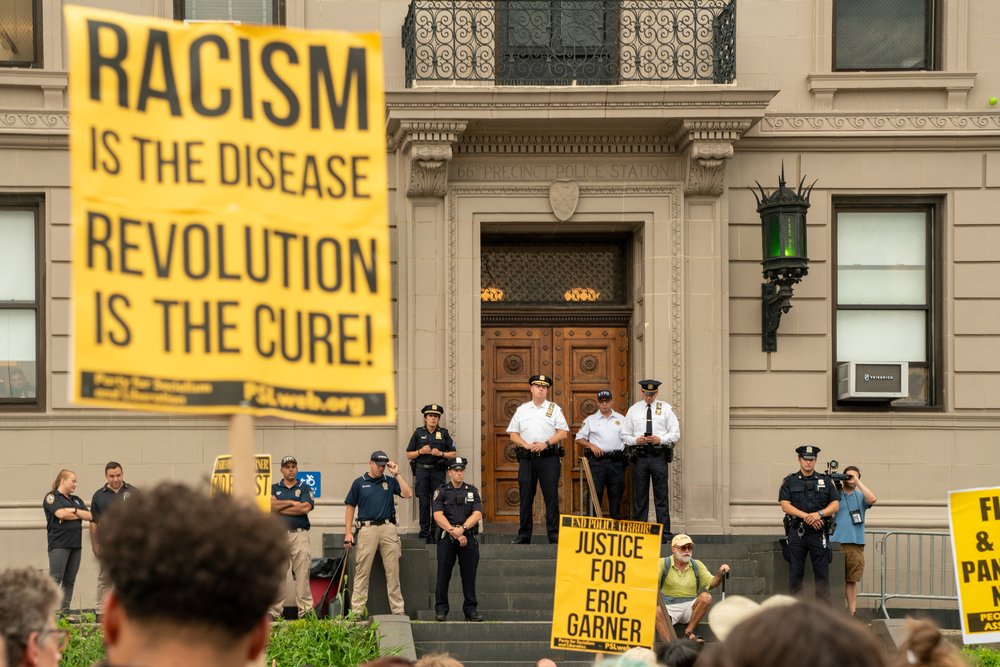 Protesters outside a police precinct in Brooklyn<br>