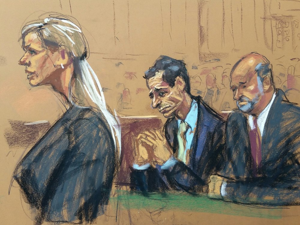 8103d4c7c20170925_112348_resized_2-jpg.jpeg Assistant U.S. Attorney Amanda Kramer at left, with Anthony Weiner and his lawyer Arlo Devlin-Brown (Courtroom sketch by Jane Rosenberg)