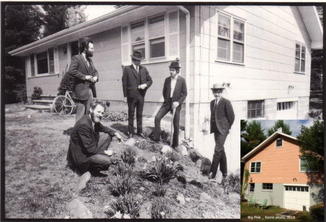 The Band at Big Pink in the '60s, with an insert of Big Pink today