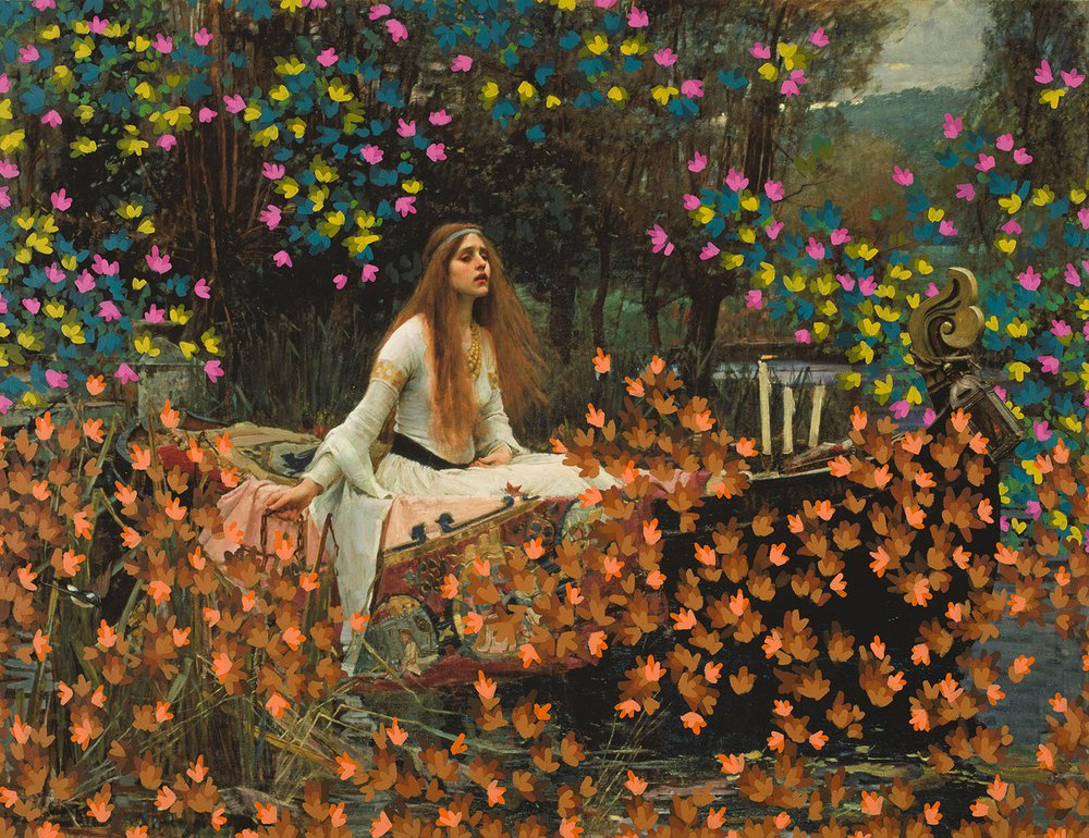 87bb358dd14-jpg.jpeg Untitled (Lady of Shalott by John William Waterhouse, 1888), 2017, acrylic and giclée on paper, 29.75 × 39 inches<br/>