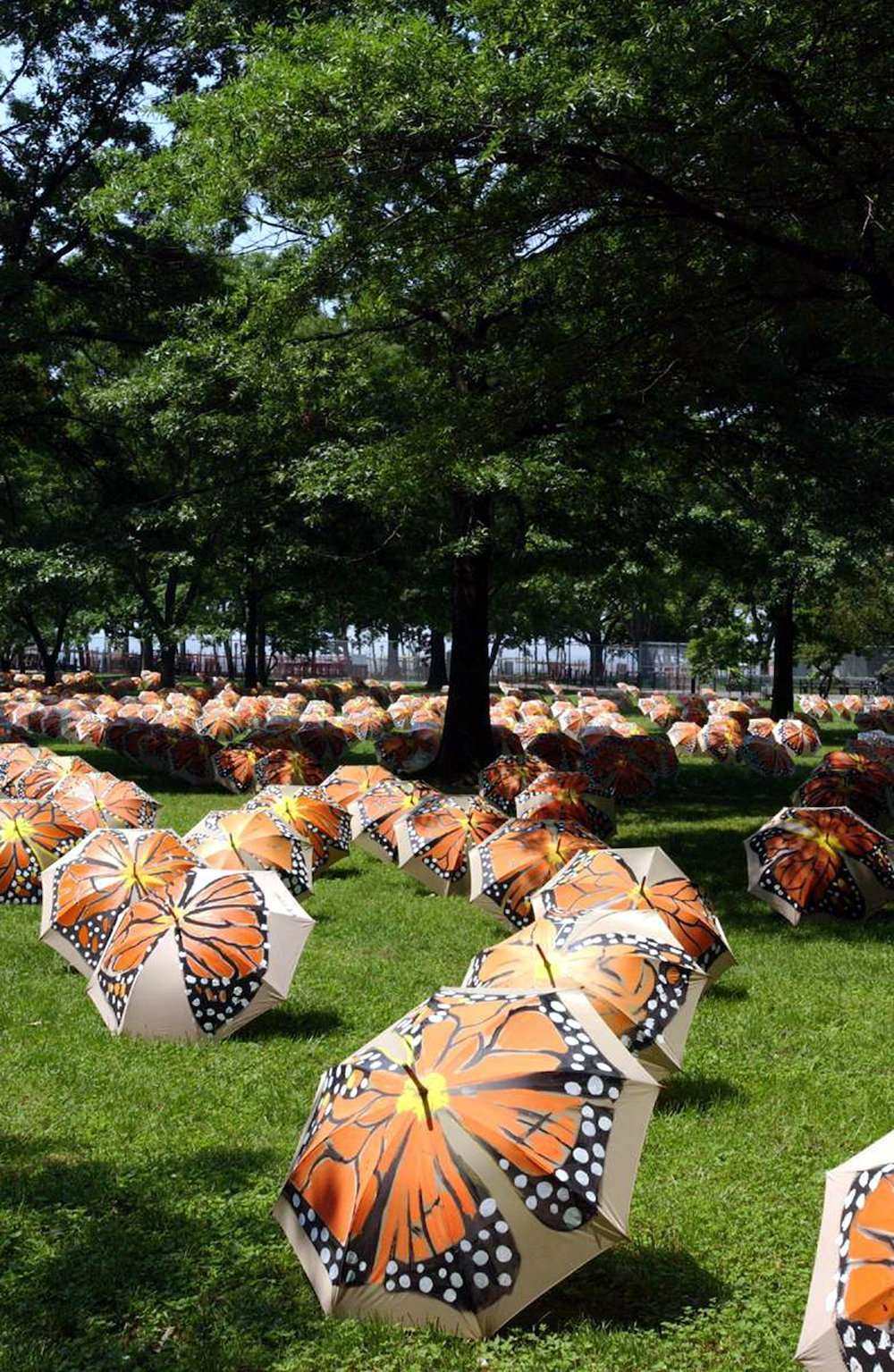897f15b4625victormatthews-beyond-metamorphosis-2004-jpg.jpeg Victor Matthews, Beyond Metamorphosis, 2004, Battery Park, Manhattan, A project sponsored by the Lower Manhattan Cultural Council, NYC Parks. Matthews installed nearly 3,000 umbrellas, each individually hand-painted with a rendering of a Monarch butterfly. “The piece explores themes of transformation, migration and regeneration,” says Matthews. “Butterflies make an obvious spiritual gesture that’s often overlooked: of a life that never ends and a spirit that never dies,” said Matthews.<br/>