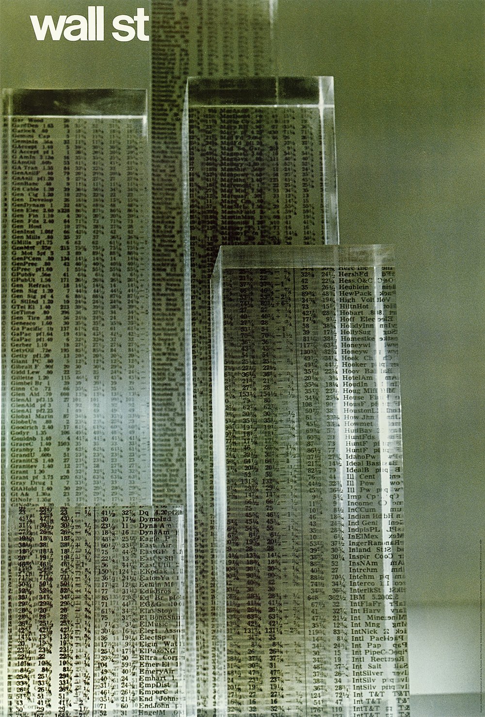 8ab4497d3ph-20181025_1516-jpg.jpeg "Wall St" by Tomoko Miho, 1968 - In 1968, the Container Corporation of America commissioned a series of posters celebrating various parts of NYC, which would be displayed in public places like churches and rec centers. This poster celebrates Wall Street, wherein the sky scrapers are composed out of printed stock prices.