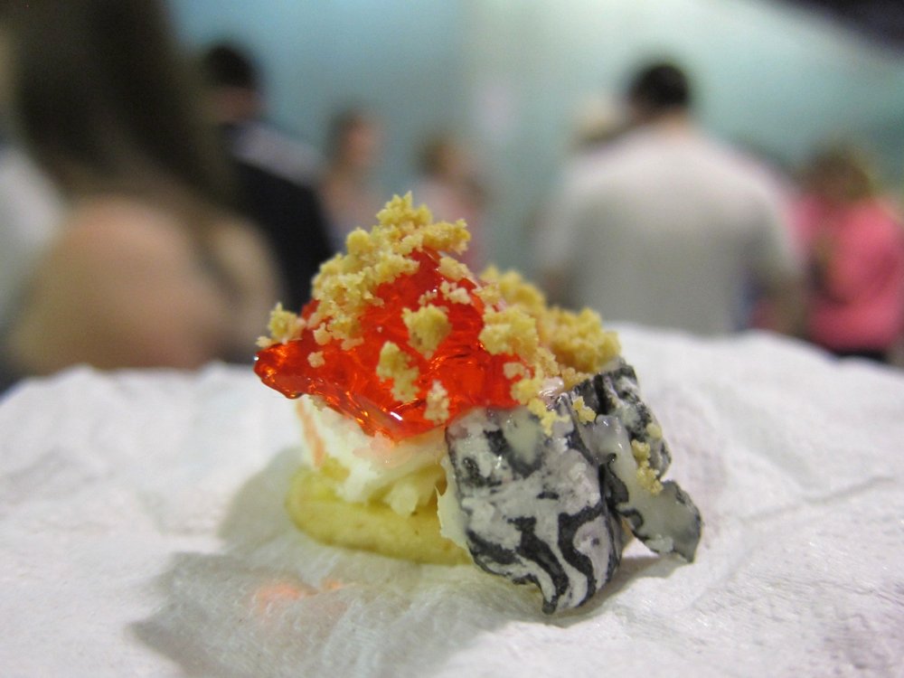 8e92c800c.jpeg "Laura Chenel's ash-rinded buchette on a banana chip with strawberry Jello and graham cracker pie crust," from Yahn Van de Walle, Pastoral, Chicago<br>
