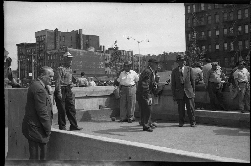 958f5500c8dc28d08307ce44b3f8eda207bfbf050-jpg.jpeg Bocce Court at First Park, from 1st Street west of 1st Avenue looking southeast to south side of East Houston Street, east and west of Allen Street. 1963.<br/>