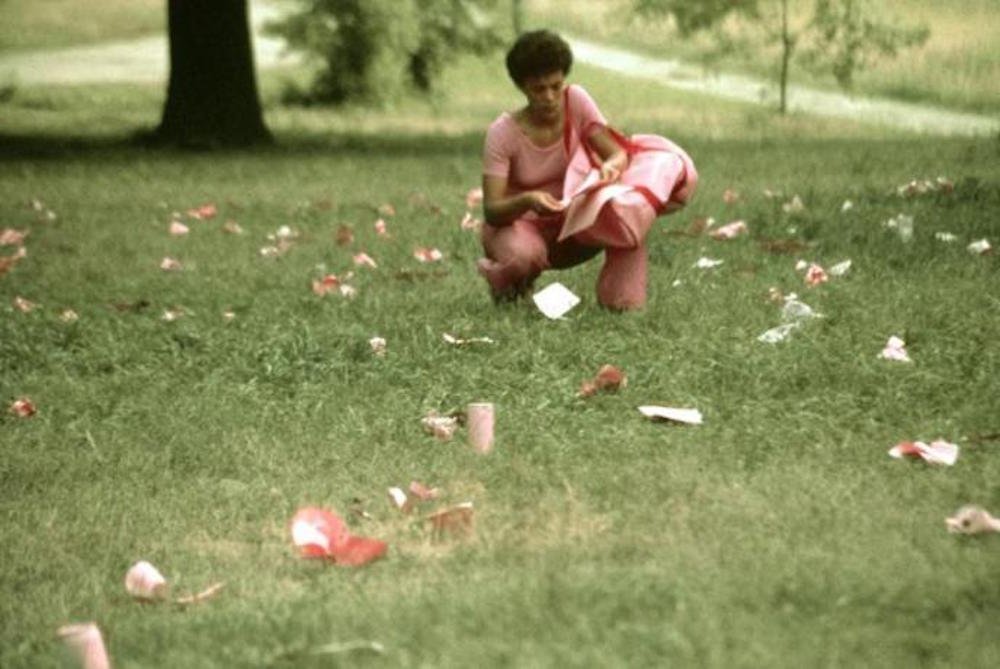 9c0bf414f14maren-hassinger-performance-pink-trash-2-horacebrockington-1982-jpg.jpeg Maren Hassinger, Pink Trash, 1982, Art Across the Park, Central Park, Manhattan, courtesy Horace Brockington. In 1982 and 1984, Art Across the Park commissioned site-specific works by young and emerging artists for parks across the city including Central Park, Van Cortlandt Park, Prospect Park, and Orchard Beach. Hassinger picked up trash in parks and painted it baby pink. Returning to the sites dressed in pink, she placed the scraps back where she found them. Hassinger restaged her performance in Prospect Park in 2017 as part of the Brooklyn Museum’s We Wanted a Revolution: Black Radical Women 1965–85.