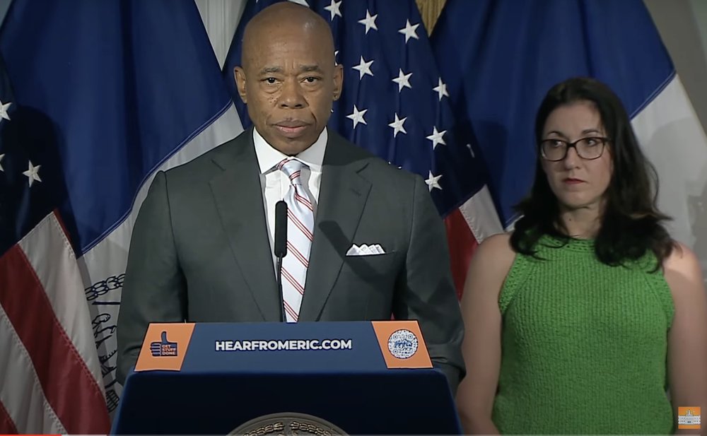 A still image of Eric Adams from housing presser 6/16/23