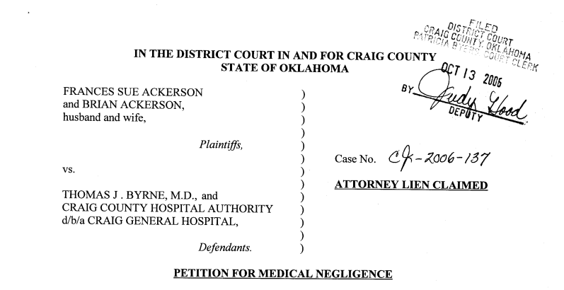 Image of petition Sue Ackerson filed again Dr. Thomas J. Byrne
