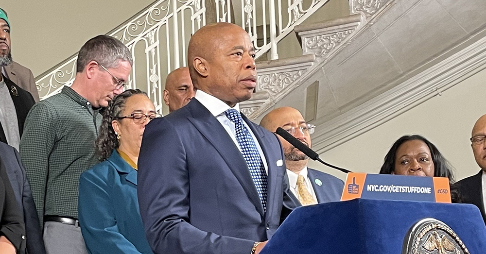 Mayor Eric Adams speaks at a press conference Friday.