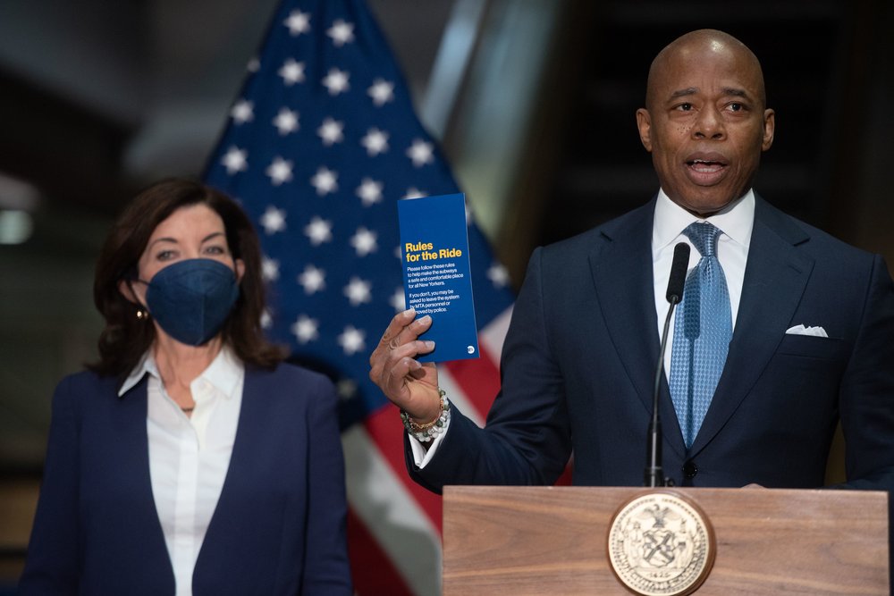 Mayor Eric Adams and Gov. Kathy Hochul announce subway safety plan at the Fulton Street Subway Station, February 18th, 2022.